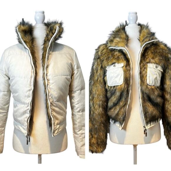 NEW Blanc Noir Faux Fur Reversible Puffer Winter Apres Ski Jacket Natural M NWT - Picture 3 of 16